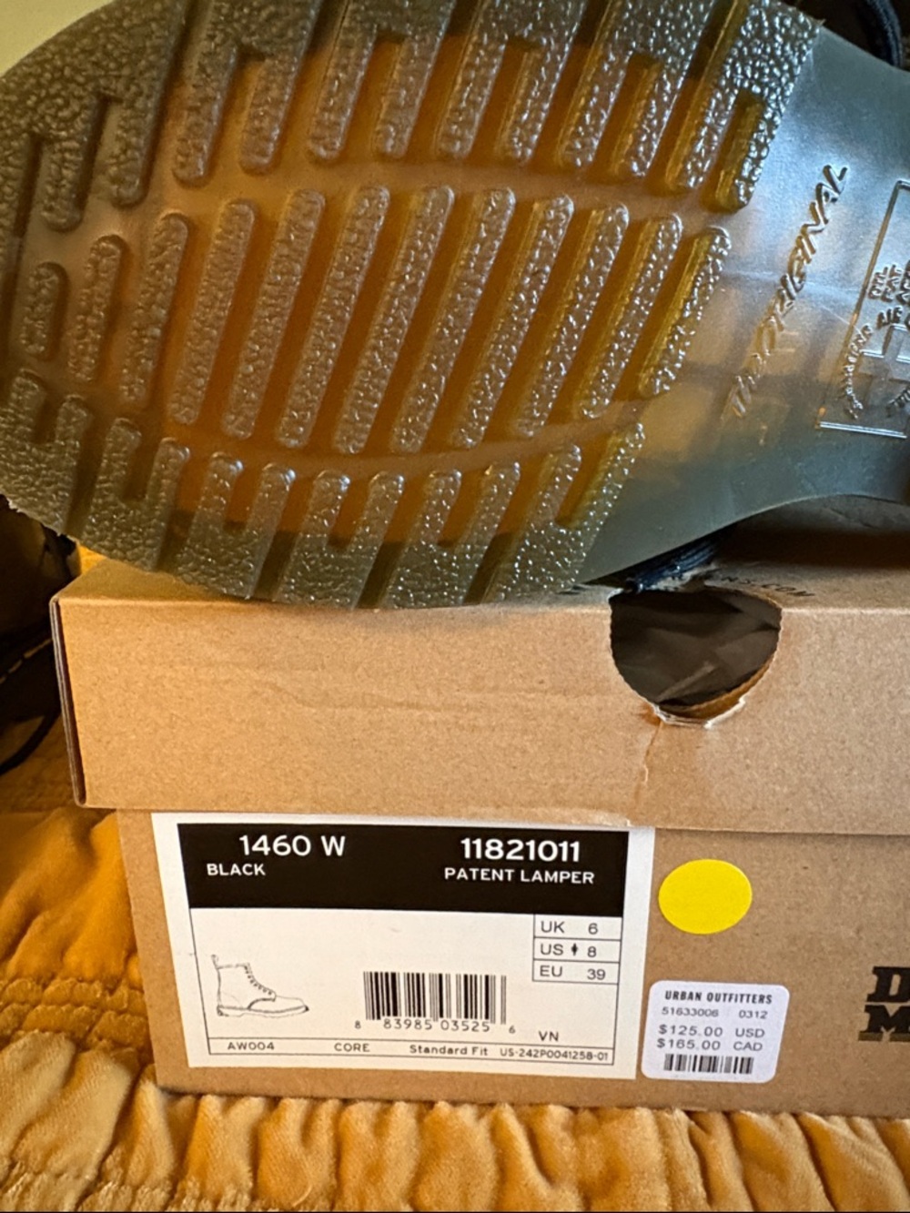 Dr. Martens Black Patent 8-Eye Combat Boots with Yellow Welt Stitching - Picture 3 of 6